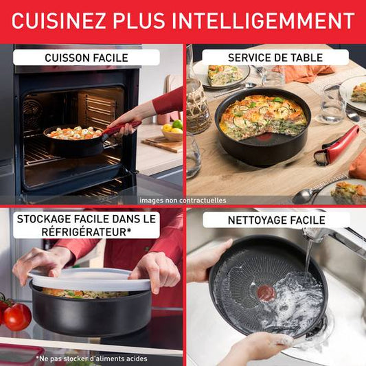 Tefal Batterie de Cuisine Ingenio Simply Cook Set 9 Pièces Induction avec Poignée Amovible 3 Poêles 1 Casserole 1 Couvercle Hermétique 2 Ustensiles Fabriqué en France